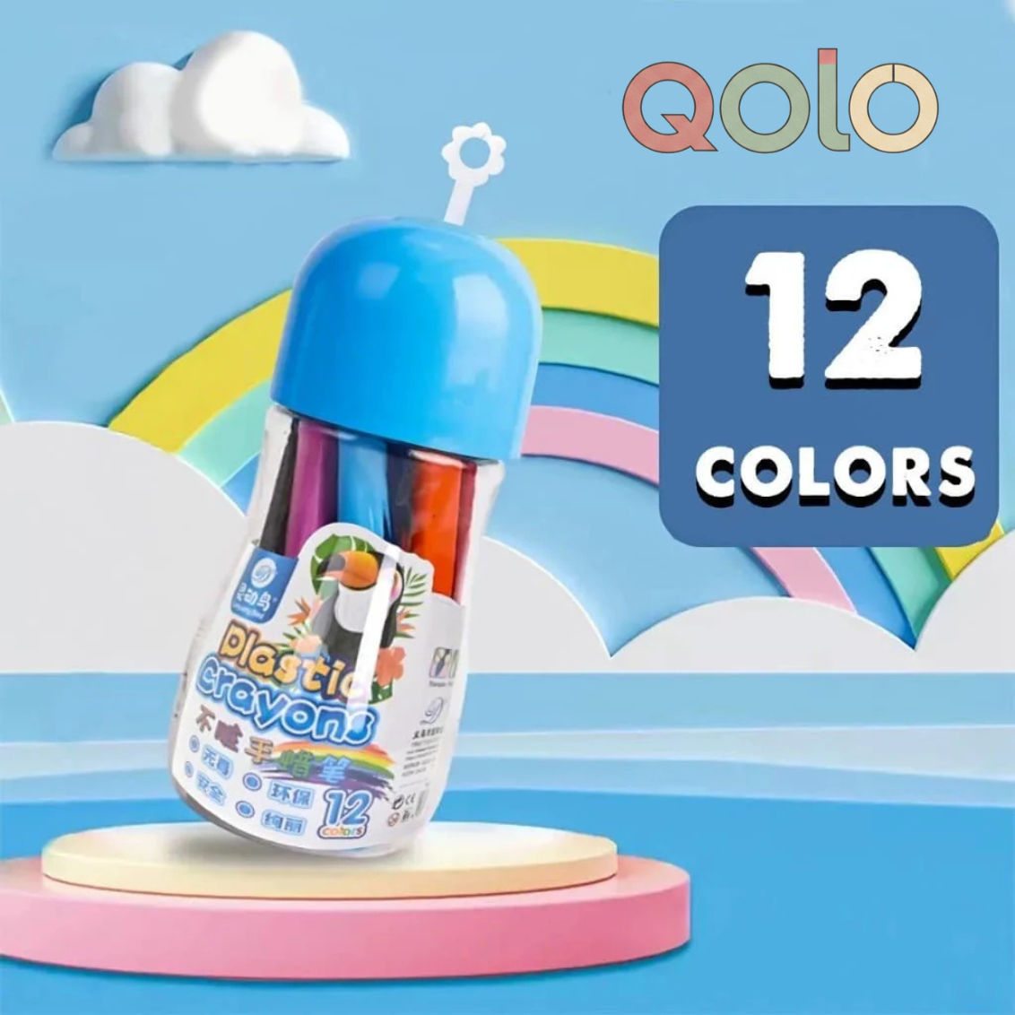 Qolo 12 Colors Plastic Crayons – Safe, Non-Toxic, Clean Hands, Unbreakable & Waterproof (2023-12)